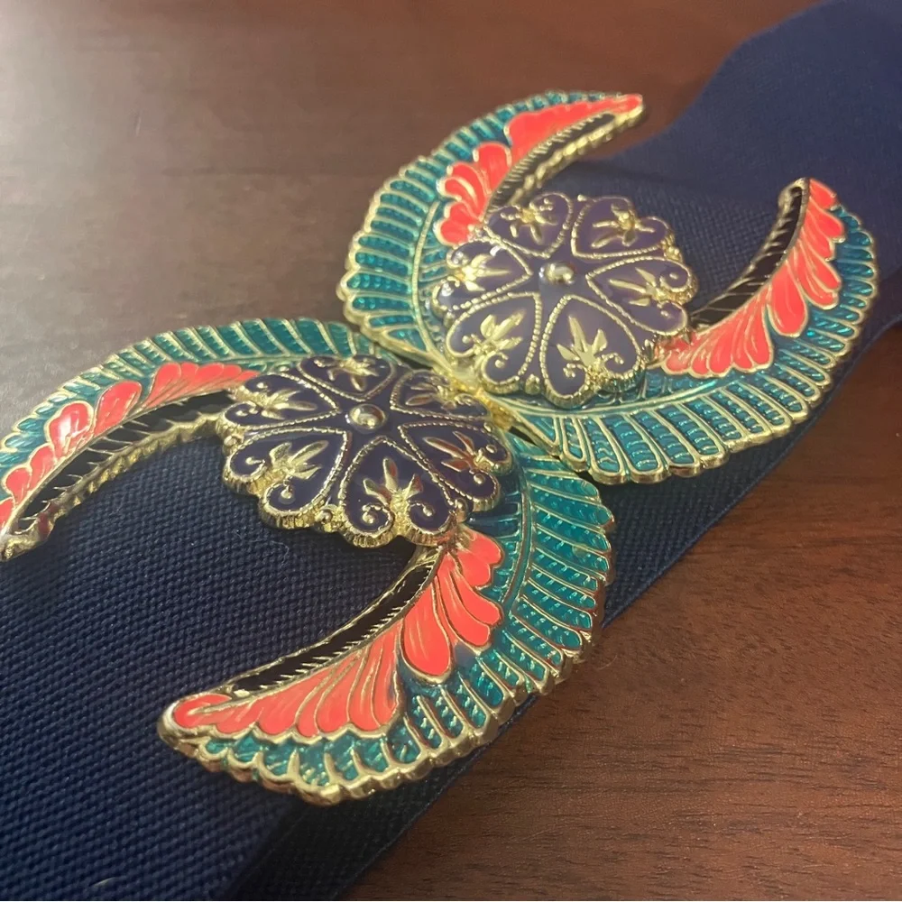 Vintage 1970s-80s Cloisonné Enamel Clasp Buckle with Navy Blue Stretch Blue